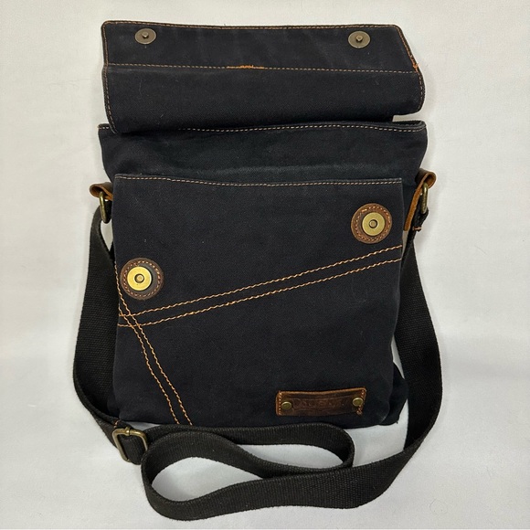 Auger Canvas Leather Crossbody Messenger Bag Black Unisex - Picture 4 of 13